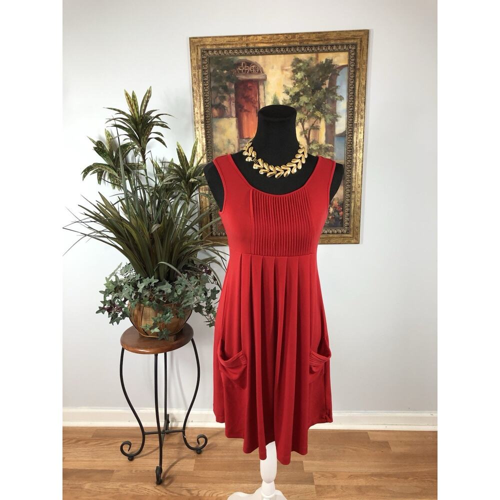 Calvin Klein Women’s Red Pleated Pocket Rushed‎ Dress Size XS Sleeveless Boho